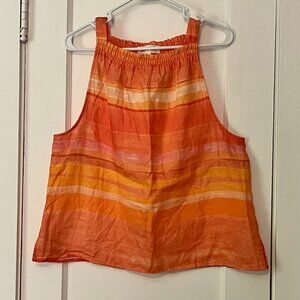 Cloth & Stone 100% linen smocked neckline orange striped blouse size medium